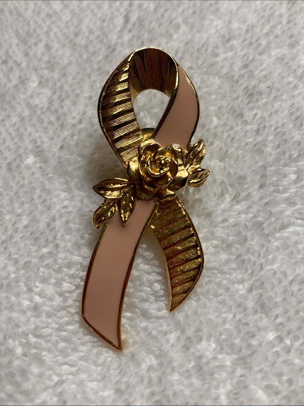 Avon Gold Tone Pink Ribbon Rose Brooch Pin